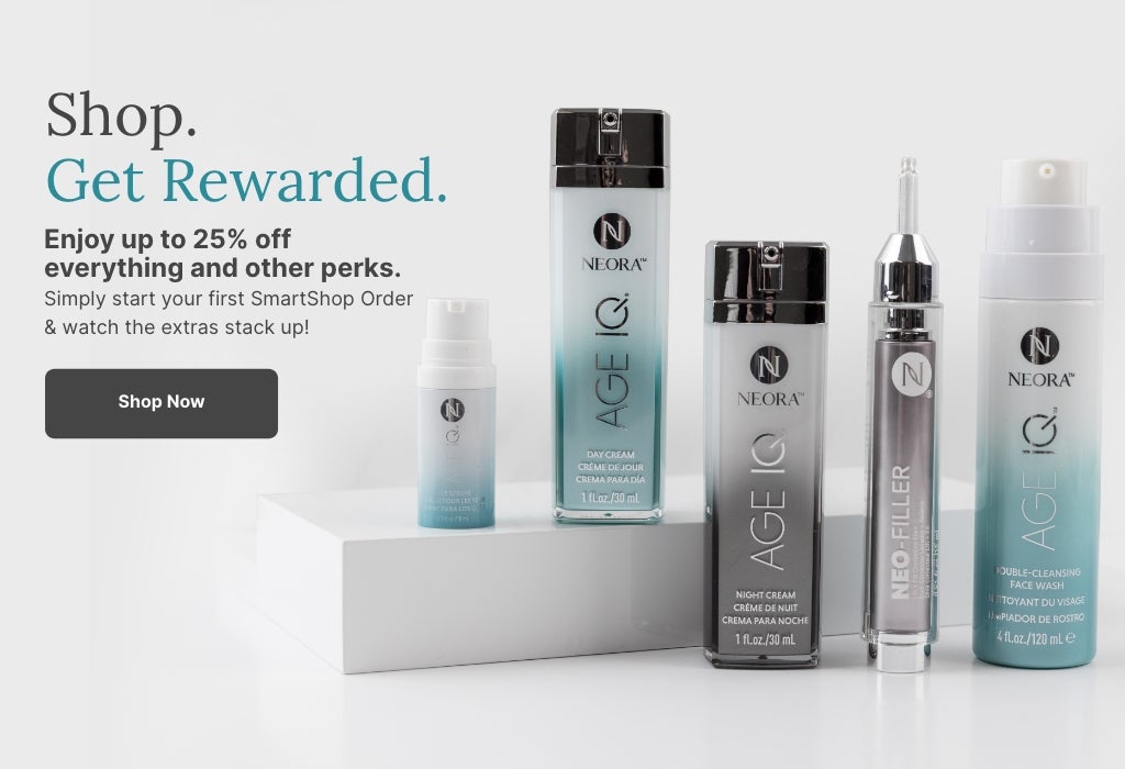 Enjoy up to 25% off everything and other perks. Get started with your first SmartShop Order. Featured is a group of various Neora products.